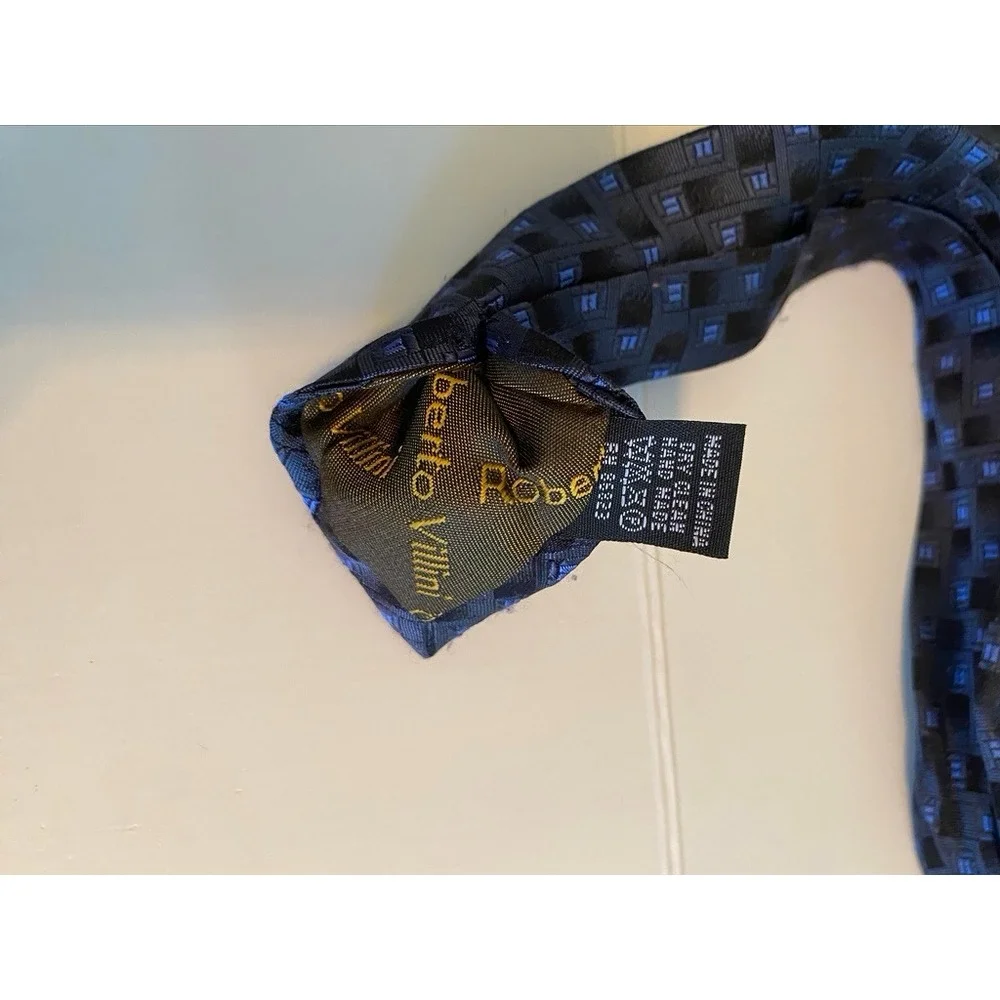 Roberto Villini Collezione Navy Blue Black Geometric Silk Hand Made Necktie
